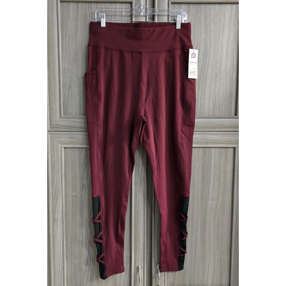 NWT POP Fit Athleisure Wear Leggings 2XL Maroon/ Black Mesh Criss-cross Ankles